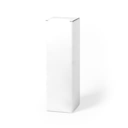 A tall, white, rectangular box with a sealed top and a plain design, featuring a branding logo.