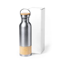 A stainless steel drink bottle with a bamboo base and a metal handle, packaged in a plain white box.