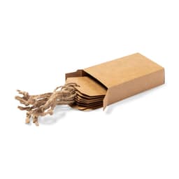 A box of brown kraft gift tags with twine ties, featuring multiple tags inside the open packaging.