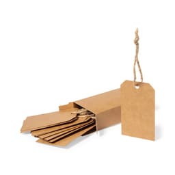 A box of brown cardboard gift tags with string ties, some tags partially pulled out of the box.