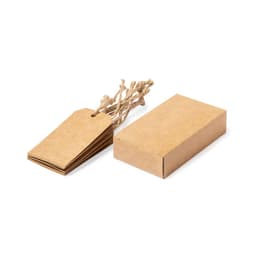 A set of brown gift tags attached with twine next to a plain brown rectangular box.