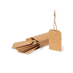 A box of brown kraft gift tags with strings, featuring a variety of shapes and sizes.