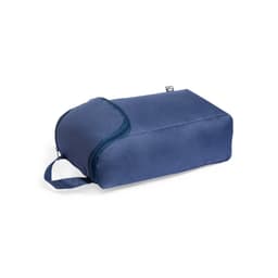 A navy blue bag with a zip closure and a carry handle, featuring a logo.