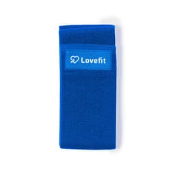 A blue fitness towel with a textured surface and a small branding logo on a pocket.
