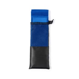 A folded sports towel in blue and black, stored in a mesh carrying pouch. The pouch features a drawstring closure.