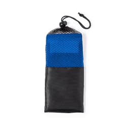 A portable mesh bag in blue and black, featuring a drawstring closure for easy storage and transport.