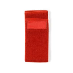 A red sports towel with a textured surface and a small pocket. It features a logo on one side.