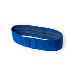 A blue resistance band with grey stripes, designed for fitness and exercise activities. It features a secure fastening.