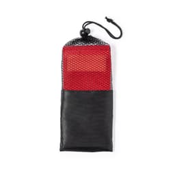 A portable sports gear pouch in black and red colour, featuring a mesh top and a drawstring closure.