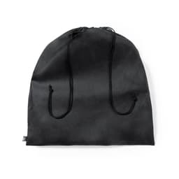 A black drawstring bag made from smooth fabric, featuring two cords for closure. It has a simple design and a branding logo.