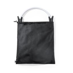 A black bag with a white handle, featuring a zip closure and a simple design. It has a branding logo.
