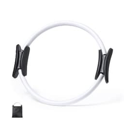 A white fitness ring with black handles and a carrying bag. Ideal for outdoor leisure activities.
