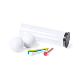 A clear tube containing two white golf balls and three coloured tee pegs: red, blue, and yellow. The tube has a black cap.