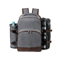 A grey backpack with brown accents, featuring side pockets, a drink bottle, and a blanket. It has branding visible.