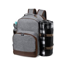 A grey backpack with brown accents, featuring a side pocket for a drink bottle and a rolled blanket attached.