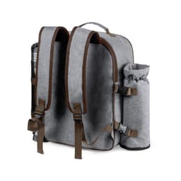 A grey backpack with brown accents features adjustable straps and a side drink bottle holder. It has a logo on the front.