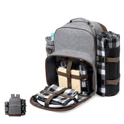 A grey Seyman Backpack with brown accents, featuring compartments for a blanket, utensils, and drink bottles.