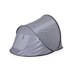 A grey pop-up tent with a rounded shape, featuring a door opening and a simple design. It has a logo on the surface.