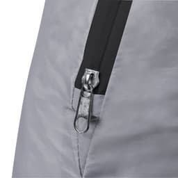 A grey tent fabric with a black zipper detail, featuring a metal zipper pull and stitching.