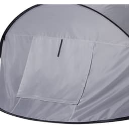 A grey tent with a storage pocket, featuring a simple and functional design, and includes a logo.