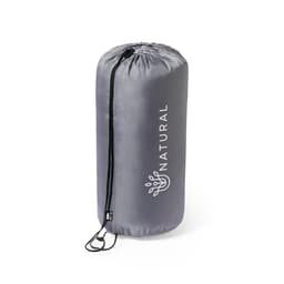 A grey drawstring bag with a logo, featuring a cylindrical shape and smooth fabric.