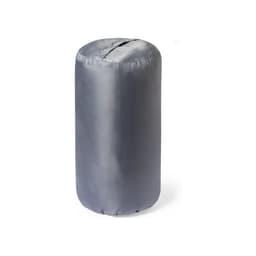 A cylindrical grey bag with a smooth, shiny texture and a top opening, featuring a logo.