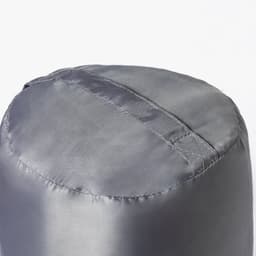A grey promotional bag with a smooth, shiny texture and stitched detailing on the top. It has a visible logo.