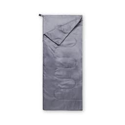 A grey sleeping bag with a smooth texture and a wavy design, featuring an opening at the top. It has a branding logo.