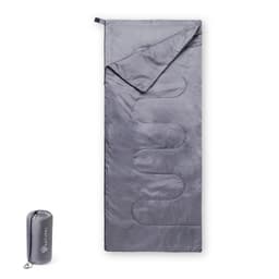A grey sleeping bag neatly rolled up in a compact form beside its unrolled version. The bag features a logo.