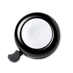 A black novelty item with a shiny circular surface and a small lever on the side. It has a logo.