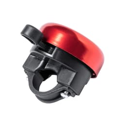 A red bike bell with a black base, featuring a lever for ringing. It has a shiny, metallic finish.