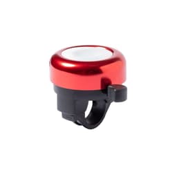 A red bicycle bell with a shiny metallic finish and a black mounting bracket. It features a lever for ringing.