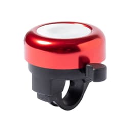 A red and black bicycle bell with a shiny top and a side thumb lever for ringing. It features a logo on the surface.
