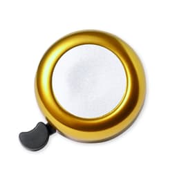 A gold-coloured novelty bell with a black lever, featuring a shiny silver button in the centre.
