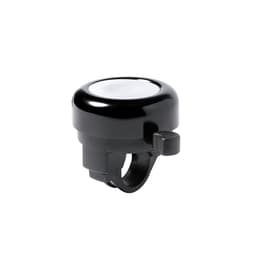 A black bicycle bell with a sleek design and a white centre. Features a lever for ringing.