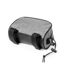 A grey and black bag with a textured finish, featuring straps and a drawstring closure, also includes branding.