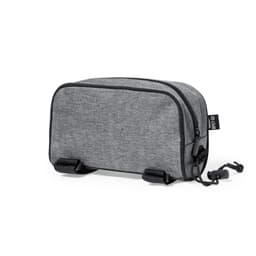 A grey cosmetic bag with a zip closure and a branding logo, featuring a simple, sleek design.