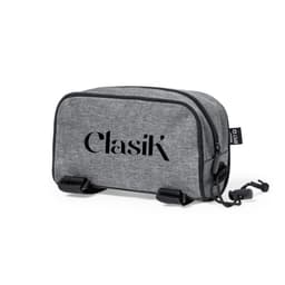 A grey cosmetic bag with a zip closure and a logo. It features sturdy straps for easy handling.