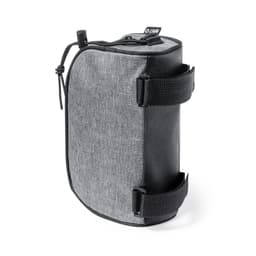 A grey and black bag with a textured exterior, featuring two straps and a drawstring closure. It has a logo on top.