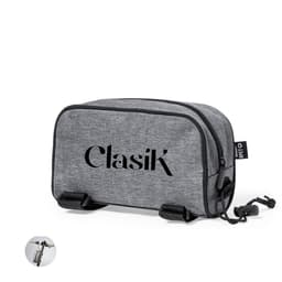 A grey bag with a logo, featuring two fastenings and a textured fabric design. Suitable for various storage needs.