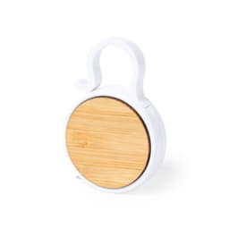 A white tape measure with a bamboo finish, featuring a hook for easy attachment.