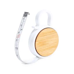 A tape measure in white housing with a bamboo top, featuring a retractable measuring tape.
