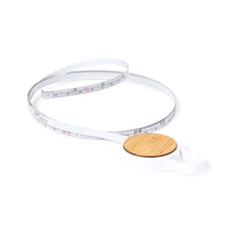 A white tape measure with a bamboo casing, featuring a flexible measuring tape marked in metric units.