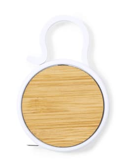 A round tape measure with a bamboo finish and a white casing, featuring a hook for easy attachment.