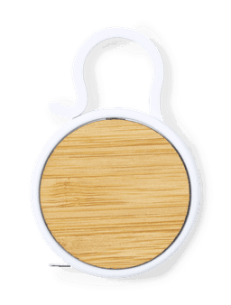 A tape measure with a round, wooden face and a white casing, featuring a keyring attachment.