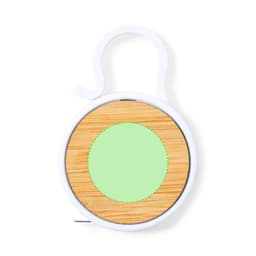 A round tape measure with a bamboo base and a white plastic casing, featuring a hook for easy attachment.
