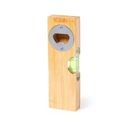A bamboo drink bottle opener with a metallic cap remover and a spirit level.