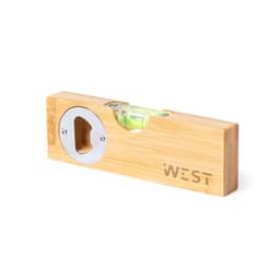 A bamboo drink bottle opener with a built-in spirit level and a round metallic opener. It features a branding logo.