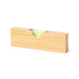 A bamboo spirit level with a clear liquid vial for measuring horizontal and vertical surfaces.