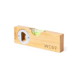 A drink bottle opener made of bamboo with a built-in spirit level, featuring a circular metal opener and branding.